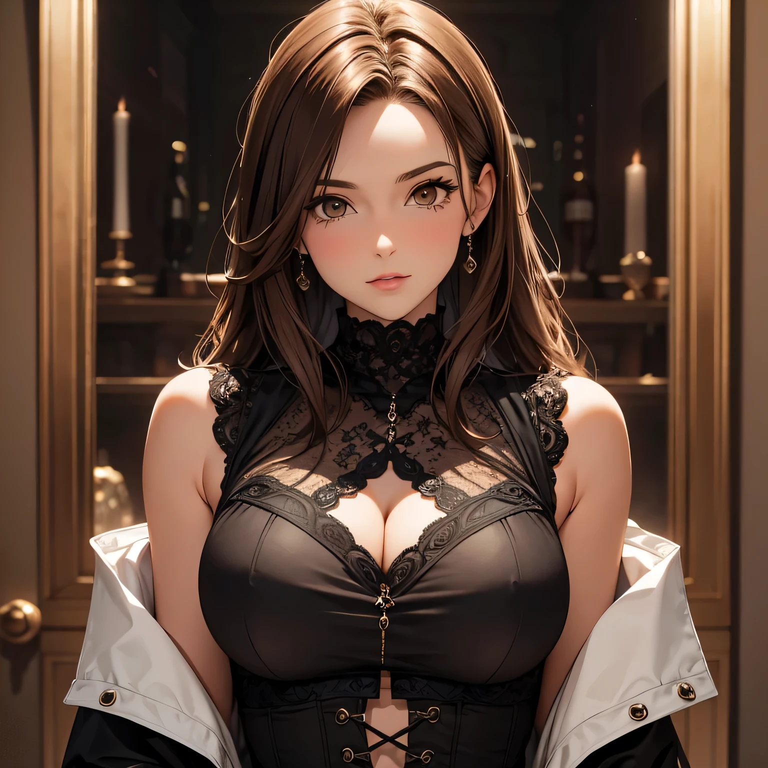 Front upper body view,  Milf with layered brown hair, gothic clothes