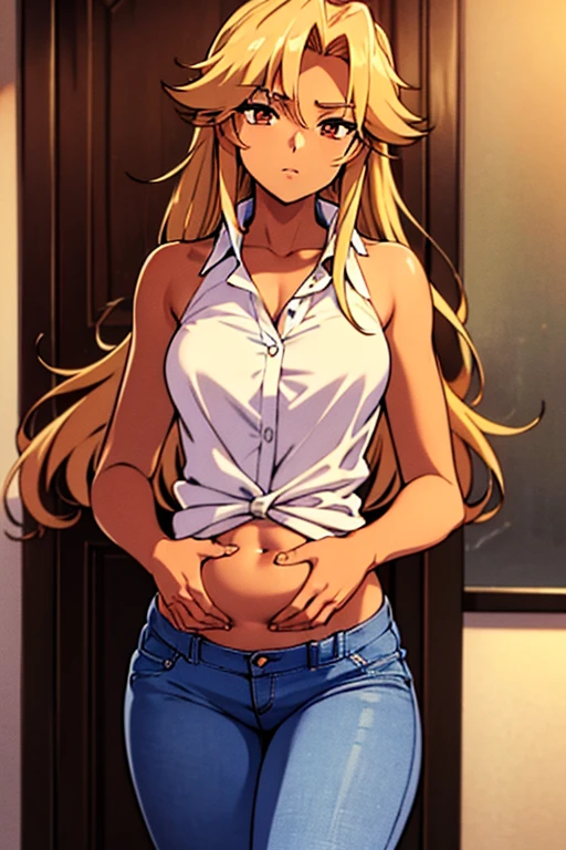 ((masterpiece)), (detailed), anime tan woman wearing a v-neck button-up Collar shirt, (bare shoulders), (bare arms), (jeans), (long hair), starving, (resting hands on the stomach), (hands on the stomach)
