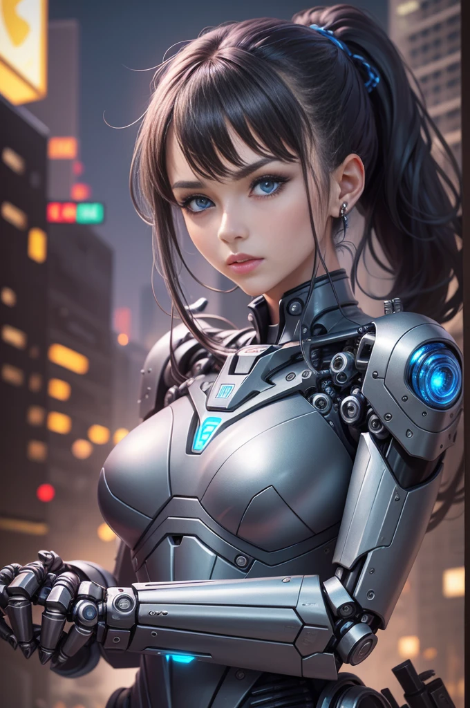 masterpiece,(Best quality),Very detailed,Super detailed,Science Fiction, 1 mechanical female soldier, The only person, crNanosuit, High Ponytail,(blue eyes),(Mechanical joints:1.5), mechanical limbs,Huge ,metallic line,Fight in the street, (Serious expression), (Tactical equipment:1.2), High contrast, Extremely high level of detail,Highest detail,(at night:0.7), (city environment), (Dynamic poses), (Glowing neon lights:0.9), (smoke effect:0.6),