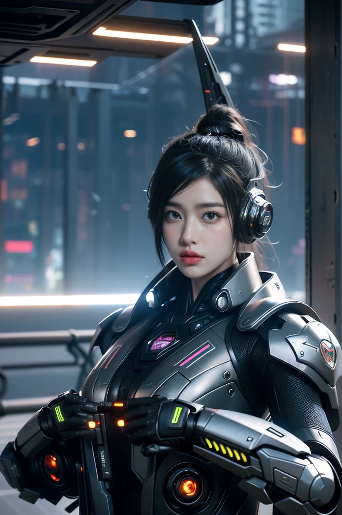 Game Art,Best image quality,Maximum resolution,8k,((A bust photo)),((portrait)),(Rule of Thirds),Unreal Engine 5 rendering works, (Future girl),(Female Warrior), 22 year old young hacker),(Oriental hairstyle),(Beautiful eyes full of details),(Large Breasts),(Eyeshadow),Elegant and charming,indifferent,((frown)),(Combat uniforms full of futuristic technology,This costume combines futuristic power armor and,Clothing is decorated with glittering patterns and emblems),Cyberpunk Characters,in the style of futuristic, Photo poses,City background,lamp,Ray Tracing,Game CG,((3D Unreal Engine)),OC rendering reflection mode