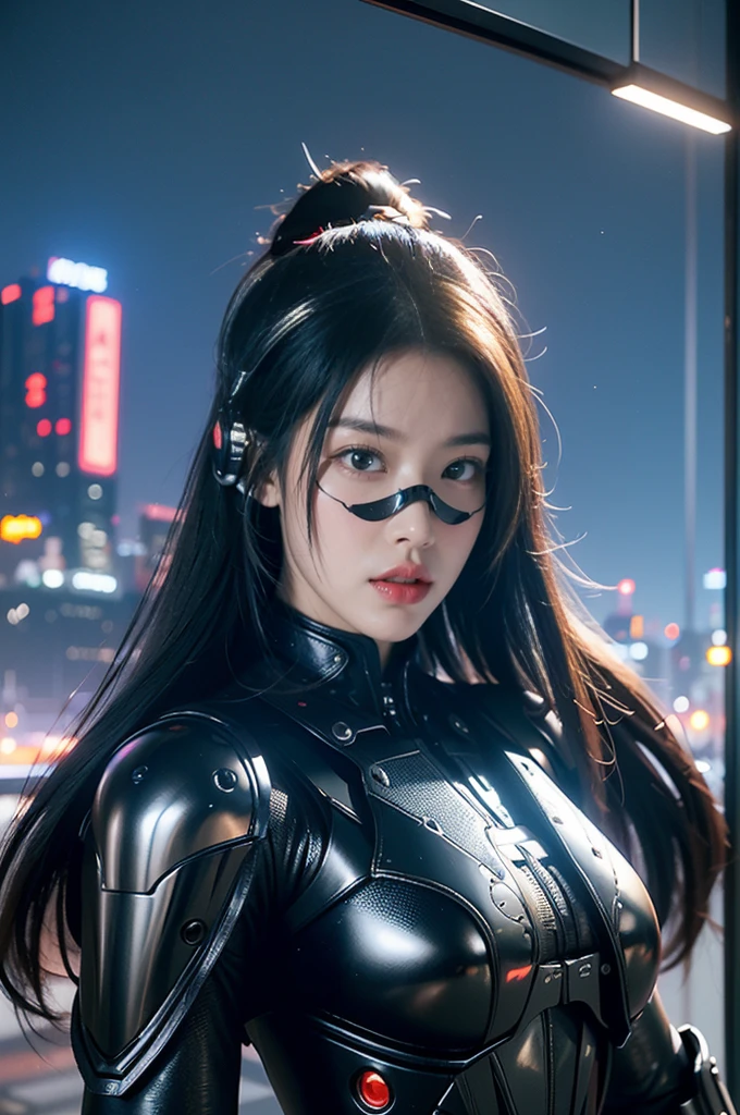 Game Art,Best image quality,Maximum resolution,8k,((A bust photo)),((portrait)),(Rule of Thirds),Unreal Engine 5 rendering works, (Future girl),(Female Warrior), 22 year old young hacker),(Oriental hairstyle),(Beautiful eyes full of details),(Large Breasts),(Eyeshadow),Elegant and charming,indifferent,((frown)),(Combat uniforms full of futuristic technology,This costume combines futuristic power armor and,Clothing is decorated with glittering patterns and emblems),Cyberpunk Characters,in the style of futuristic, Photo poses,City background,lamp,Ray Tracing,Game CG,((3D Unreal Engine)),OC rendering reflection mode