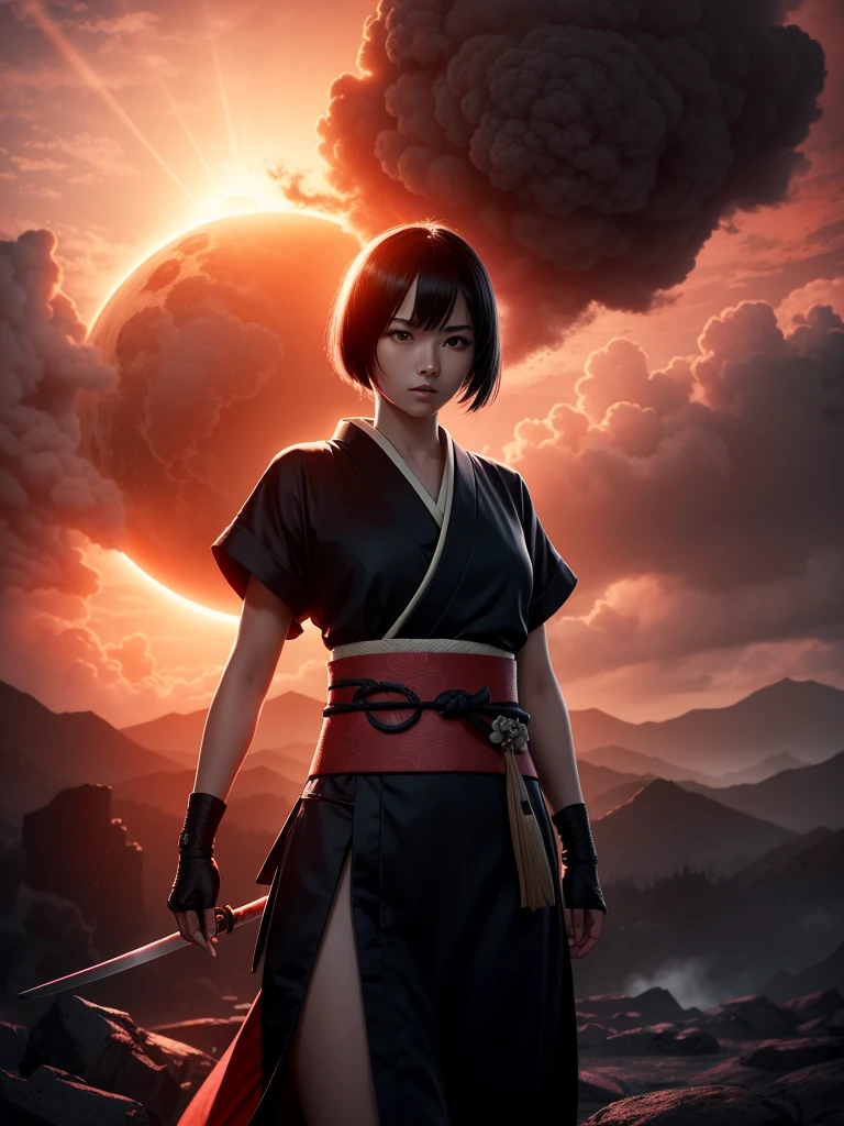 Beautiful half-length image, Small Breasts, Short flowing black hair, Wearing exquisite samurai clothes, Dystopian Planet, Ominous Sun, Red and pink clouds, black smoke background, Dynamic Lighting, Action poses, 8k, high resolution
