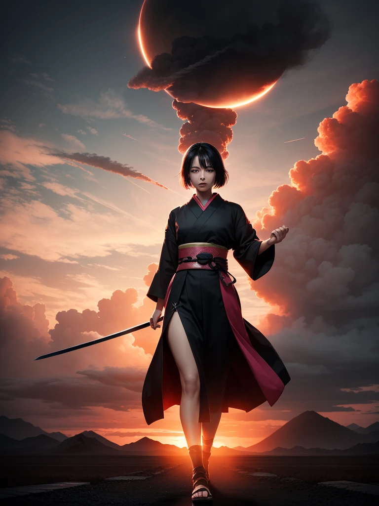 Beautiful half-length image, Small Breasts, Short flowing black hair, Wearing exquisite samurai clothes, Dystopian Planet, Ominous Sun, Red and pink clouds, black smoke background, Dynamic Lighting, Action poses, 8k, high resolution