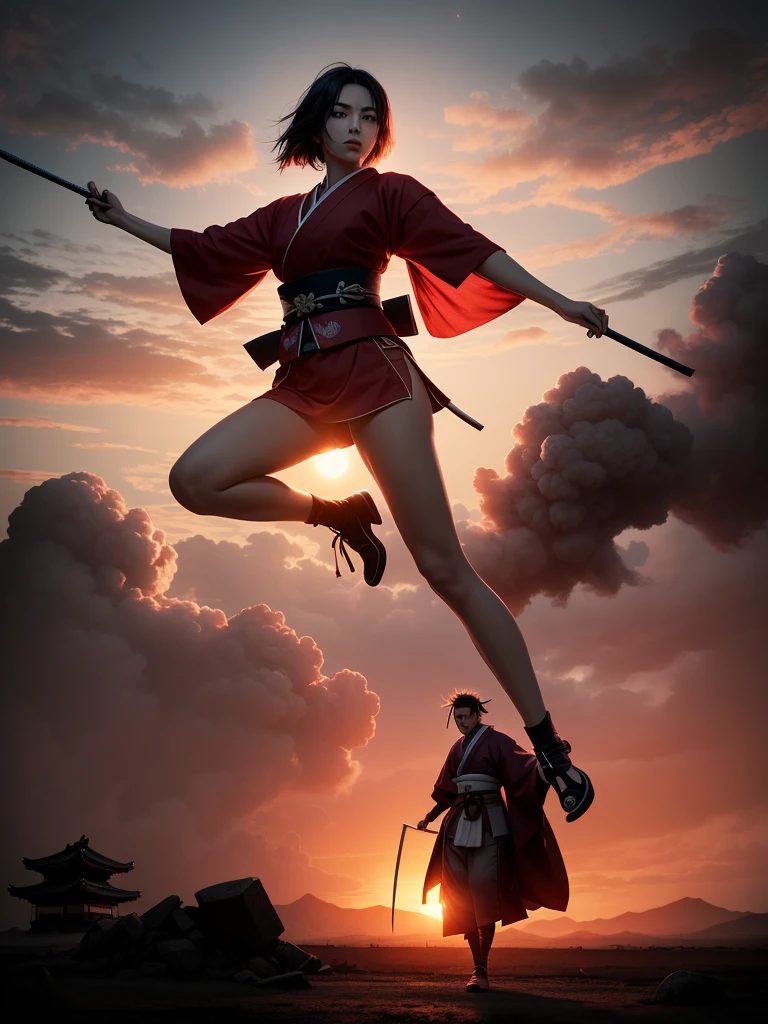 Beautiful half-length image, Small Breasts, Short flowing black hair, Wearing exquisite samurai clothes, Dystopian Planet, Ominous Sun, Red and pink clouds, black smoke background, Dynamic Lighting, Action poses, 8k, high resolution