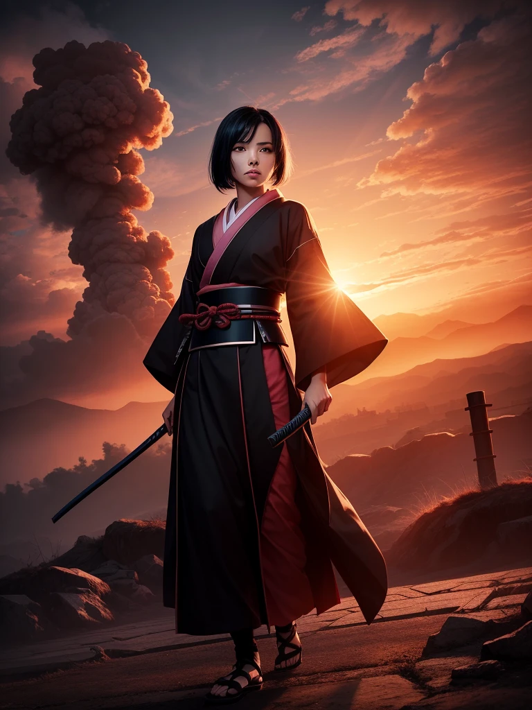 Beautiful half-length image, Small Breasts, Short flowing black hair, Wearing exquisite samurai clothes, Dystopian Planet, Ominous Sun, Red and pink clouds, black smoke background, Dynamic Lighting, Action poses, 8k, high resolution