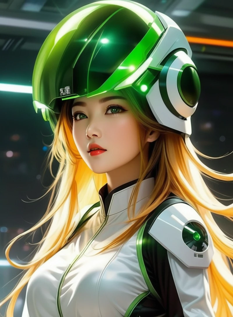 (masterpiece, best quality:1.5)
1 Asian Girl, Shut up, , Green Eyes, helmet, Lips, Long hair, Looking at the audience, nose, Practical, Science fiction, Solitary, Upper Body, white hair