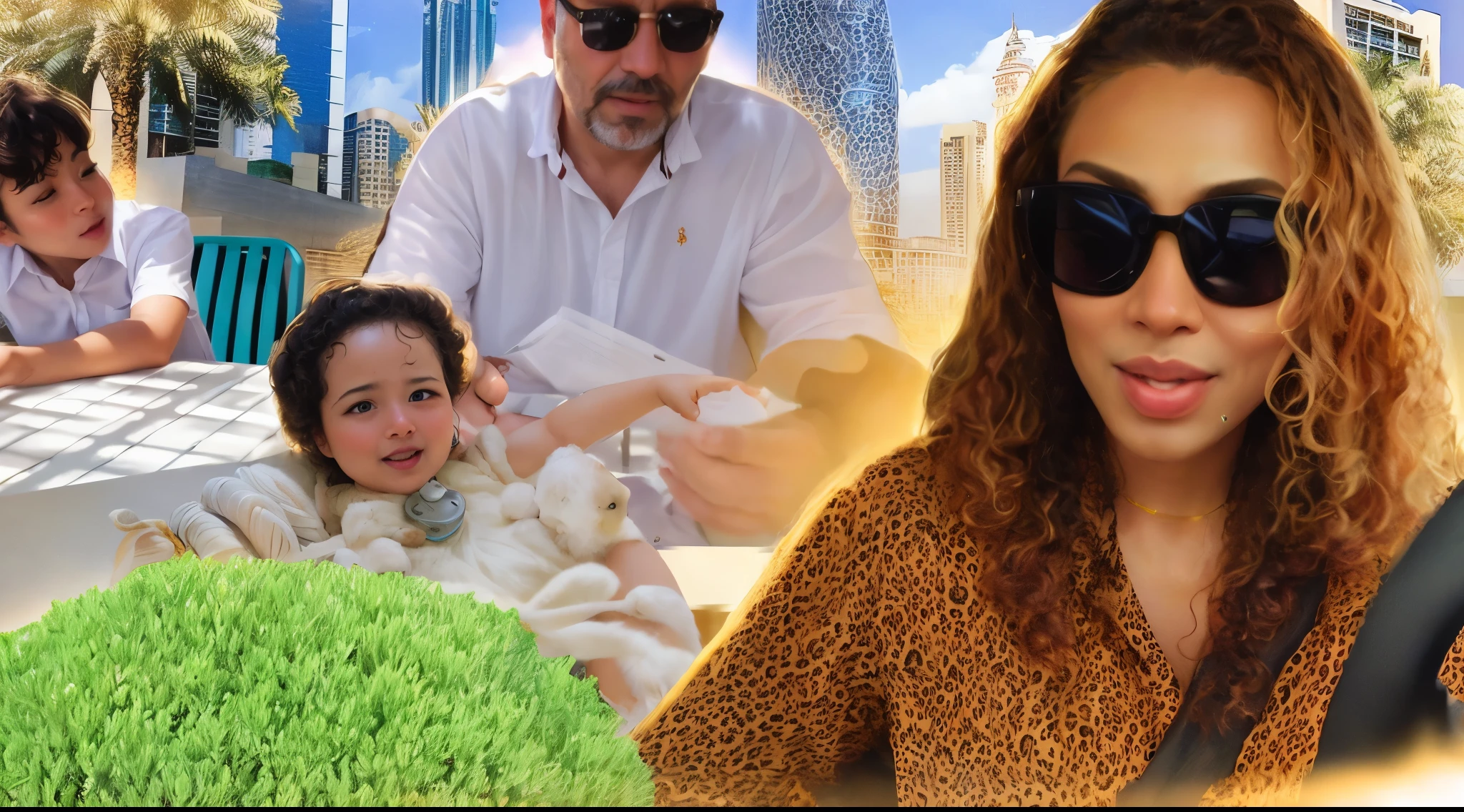 ((best quality)), ((masterpiece)), (detailed) 1 curly hair woman, 1 baby, 1 father, 1 son, bush, dubai city, lighting