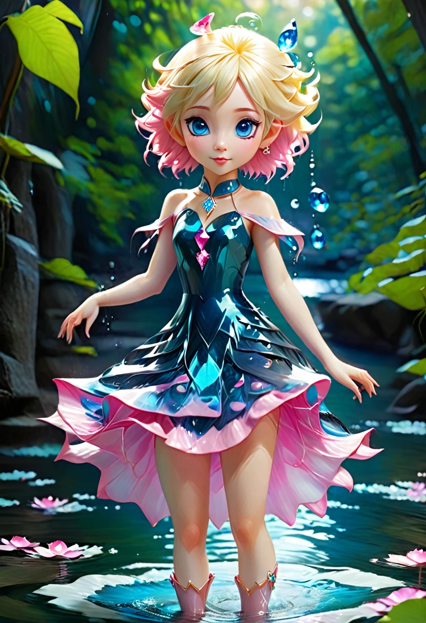 ((Dipping her toes in the lake))Is a blue eye elf with short blonde color hair with pink mix hair. Blue diamond pendant dress.