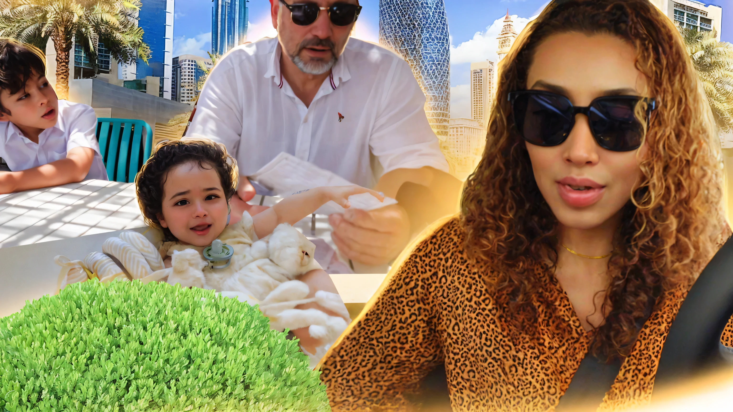 ((best quality)), ((masterpiece)), (detailed) 1 curly hair woman, 1 baby, 1 father, 1 son, bush, dubai city, lighting