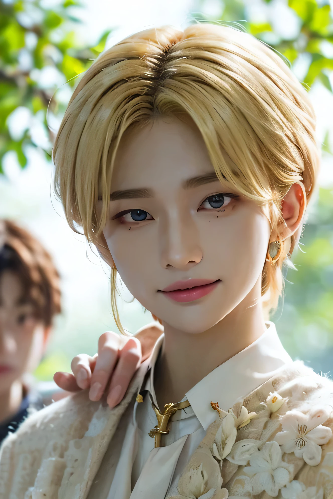 (masutepiece), (Best Quality), Highly detailed, 1 boy, Solo Focus，Perfect face, Beautiful face, extra detailed face，(blond:1.3)，(Golden eyes:1.3)，florals，butterflys々，florals petals，optic，a smile