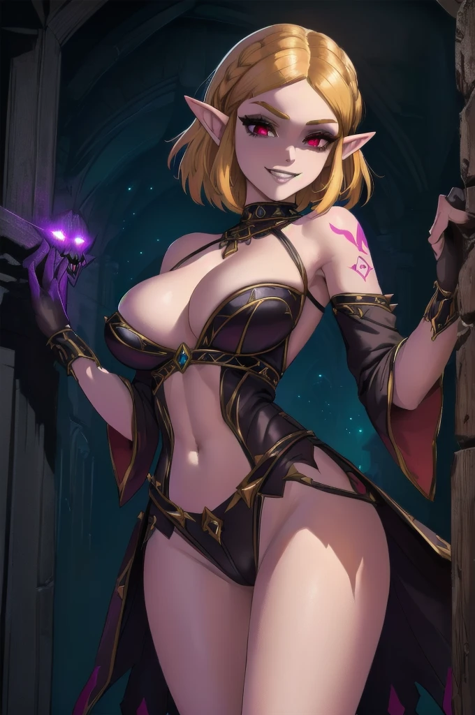 (perfect composition),(zelda totk reimagined as a corrupted dark queen by ganon )+++, sfw++,masterpiece, best quality, high quality, illustration, film grain,(perfect female )++, beautiful detailed eyes, (symbol of evil:1.2),milf zelda, lascivious woman, (evil smile:1.1), (villain, dark heroine:1.2), (perfect female proportions:1.1), (seductive eyes:1.2), eyeliner, mascara, sexy makeup, (seductive smile:1.2), (mature woman:1.4),masterpiece, best quality, high quality, illustration, film grain, 1girl, (glowing evil red eyes), evil grin, crazy eyes, (high resolution, masterpiece, ultra best quality, insanely amazing hyper fine extremely detailed, official:1.4) dark heroine anime girl with short hair in a dark and evil place, extremely detailed artgerm, (official:1.4), dynamic composition, (solo girl:1.4), {sfw}, masterpiece, ultra-detailed, iconic attack, dominatrix, spiked collar, dark kingdom, bad end, 1girl, solo female, solo focus, mature female, standing, full body, looking at viewer, dark zelda totk, dark queen, evil, corruption, contrapposto, mind break, blond hair, (short hair:1,5), evil smile, lips, eyelashes, evil grin, dark aura, thigh_clothes, ,alternate costume, bdsm, (intricate details:1.12), (intricate details, hyperdetailed:1.15), hdr, dungeon, (at night:1.2), fireplace, warm light, dramatic light, cinematic,creepy dungeon, dark aesthetic, goth aesthetic, creepy, ominous background, dark atmosphere, death atmosphere, green and red atmosphere, evil dungeon background, gothique, faint darkness, ((red glow crotch tattoo)),