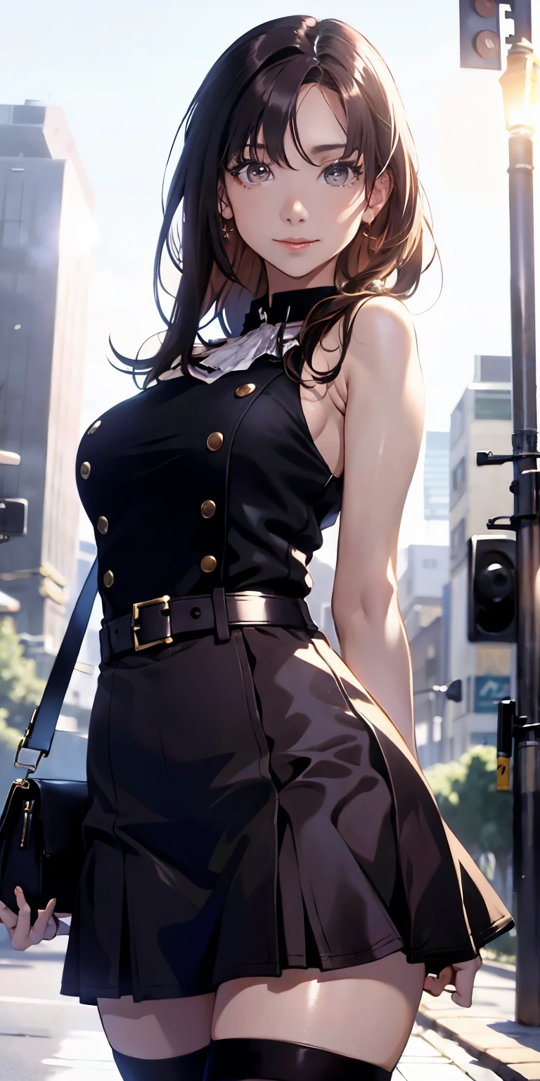 Absurd resolution, A high resolution, (tmasterpiece:1.4), ((gigantic braests)), ultra - detailed, 1girll, brown color eyes, cabelos preto e longos，Wear a police uniform and a short skirt, the city street,sexyposture, The camera is close to the body