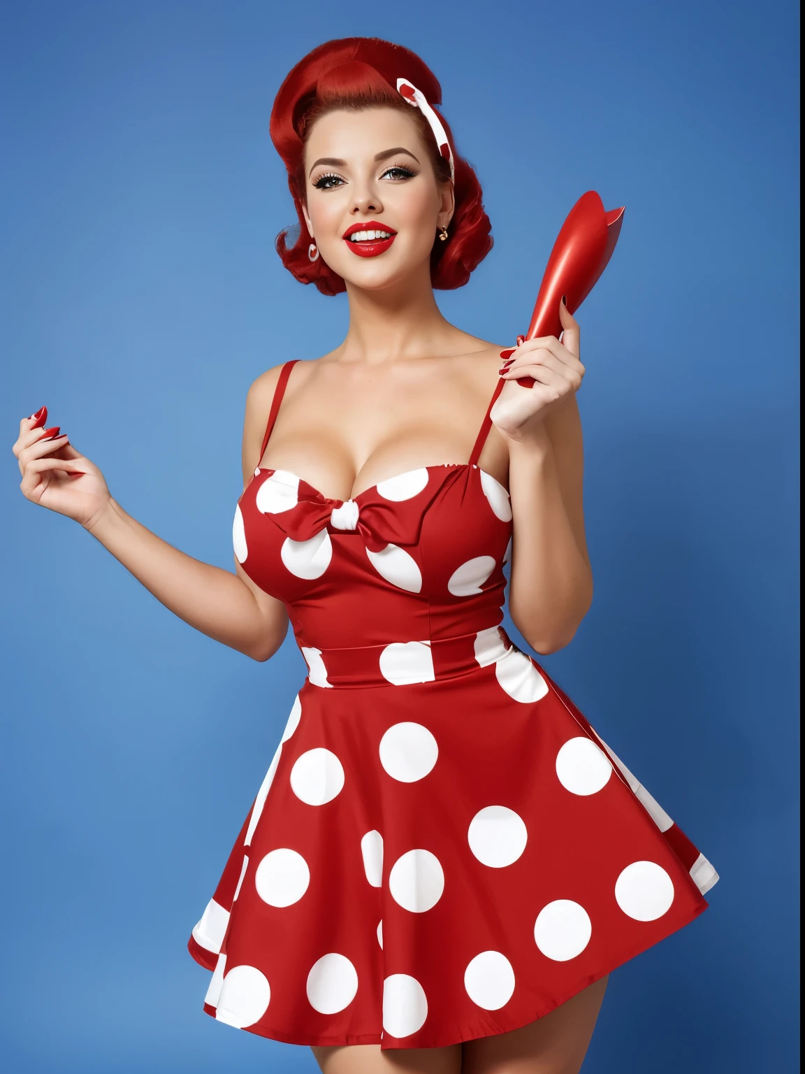 Full length photo of a girl holding a gift in her hand. realistic 35 year old sexy emotional ,blonde. Her lips are slightly tubular. one eye squints as if winking, laughs, adding mystery and sexuality. She touches her feet with surprise, taking a sexual position. The model is made in pin-up style with hair styled in victory rolls style. She has plump sexy red lips, she has average breasts and blows a sexy kiss. She portrays an American housewife, posing with a gift in various sexual positions. Her short hair creates the look of a pin-up girl. She is on a white background, red retro dress with large polka dots with fluffy, voluminous ballerina skirt bouffant dress. red retro bouffant dress with polka dots in pin-up style with large polka dots, a fluffy, voluminous ballerina skirt and a tutu. A red bandana on the head., and red stockings on her legs wears a red retro dress with large polka dots with a fluffy voluminous ballerina skirt. Red bandana on head, and red stockings on my feet. The photo is made in pin-up style, emphasizing the retro-USA vibe. winks blinks one eye turns looks straight at the camera she touches her lips