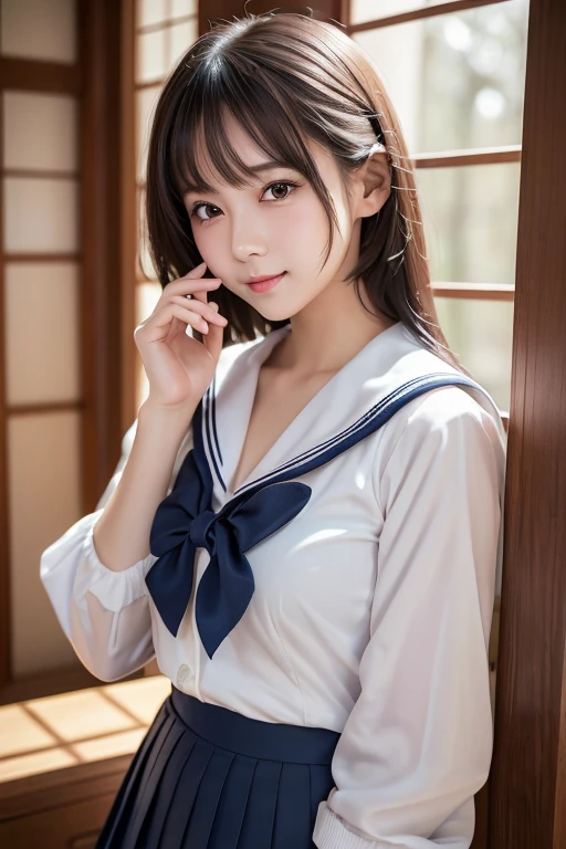 masterpiece,highest quality,Official Art,Very detailedな CG Unity 8k 壁紙,Japan Female Students,-yeld giVery delicate and beautiful,超A high resolution,(Realistically:1.4),Golden Hour Lighting,(Platinum Short Hair:0.8),(Puffy eyes),Tear bags、View your viewers,Look forward,smile,(White shirt、Sailor 、Navy blue pleated skirt:1.2),Beauty、Beautiful and sexy body shape、The shirt accentuates his long black hair.,(Tokyo:1.5), Cleavage close-up, masterpiece, highest quality, RAW Photos, Realistically, (Cute face like a Japanese idol:1.2), Incredibly absurd resolution, Buatigarh, Depth of written boundary, High resolution, Super detailed, Fine details, Very detailed, Very detailedな目と顔, Sharp pupils, Student, Get into sharp focus, Cinema Lighting