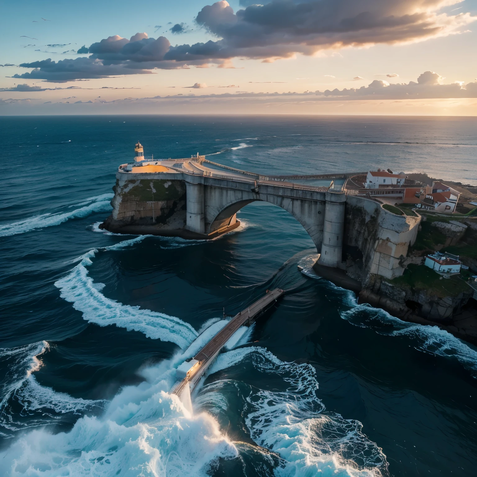Make a bridge in the middle of the sea with strong waves, chuvas e raios. This bridge is connected to a lighthouse that has its flashlight on.