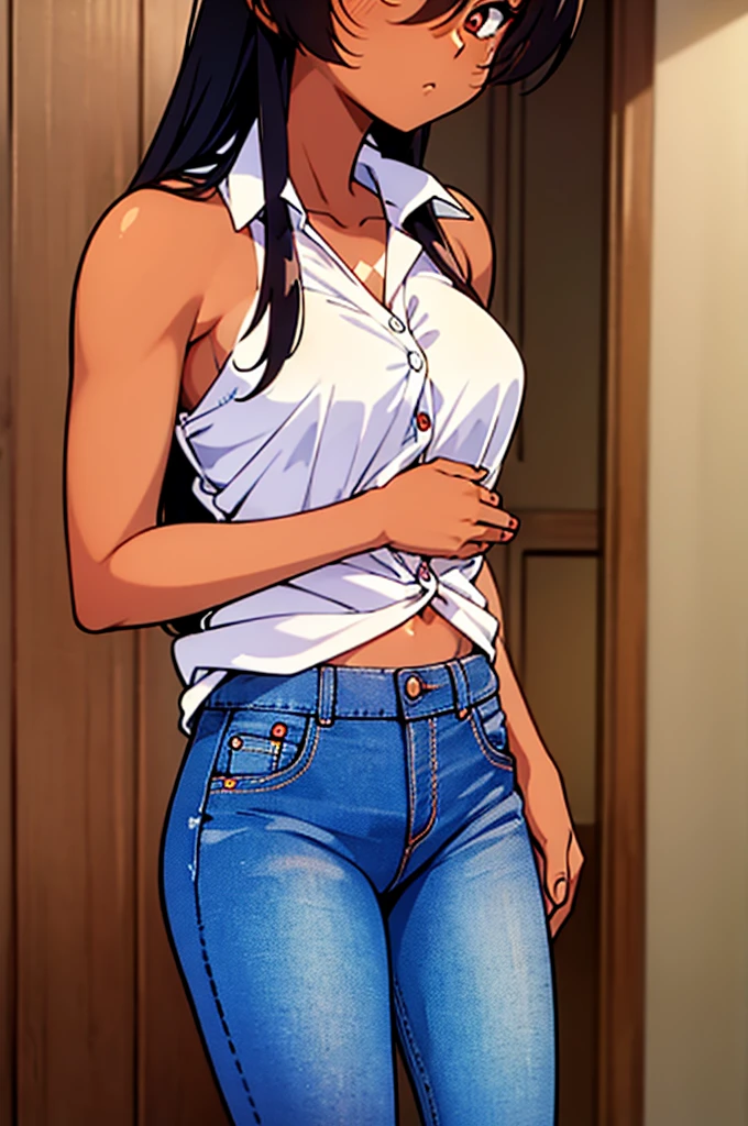((masterpiece)), (detailed), anime tan woman wearing a v-neck button-up Collar shirt, (bare shoulders), (bare arms), (jeans), (long hair), starving, (resting hands on the stomach), (hands on the stomach)