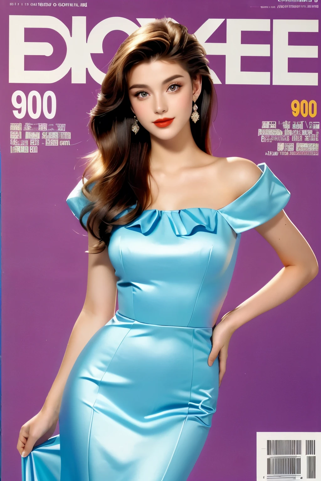 Background and model as is, Beautiful woman in 90s retro dress, magazine pose,