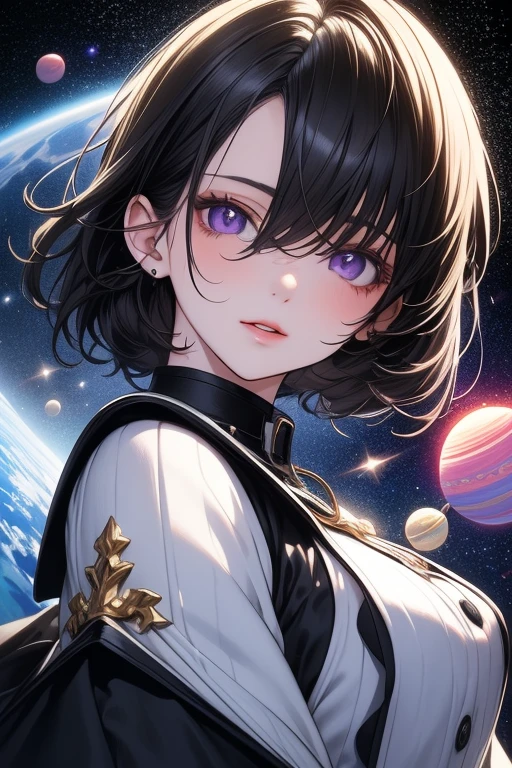 ((best quality)), ((masterpiece)), (detailed), anime girl, perfect face, short black hair, purple eyes, space in eyes, sparkles, jumping between planets