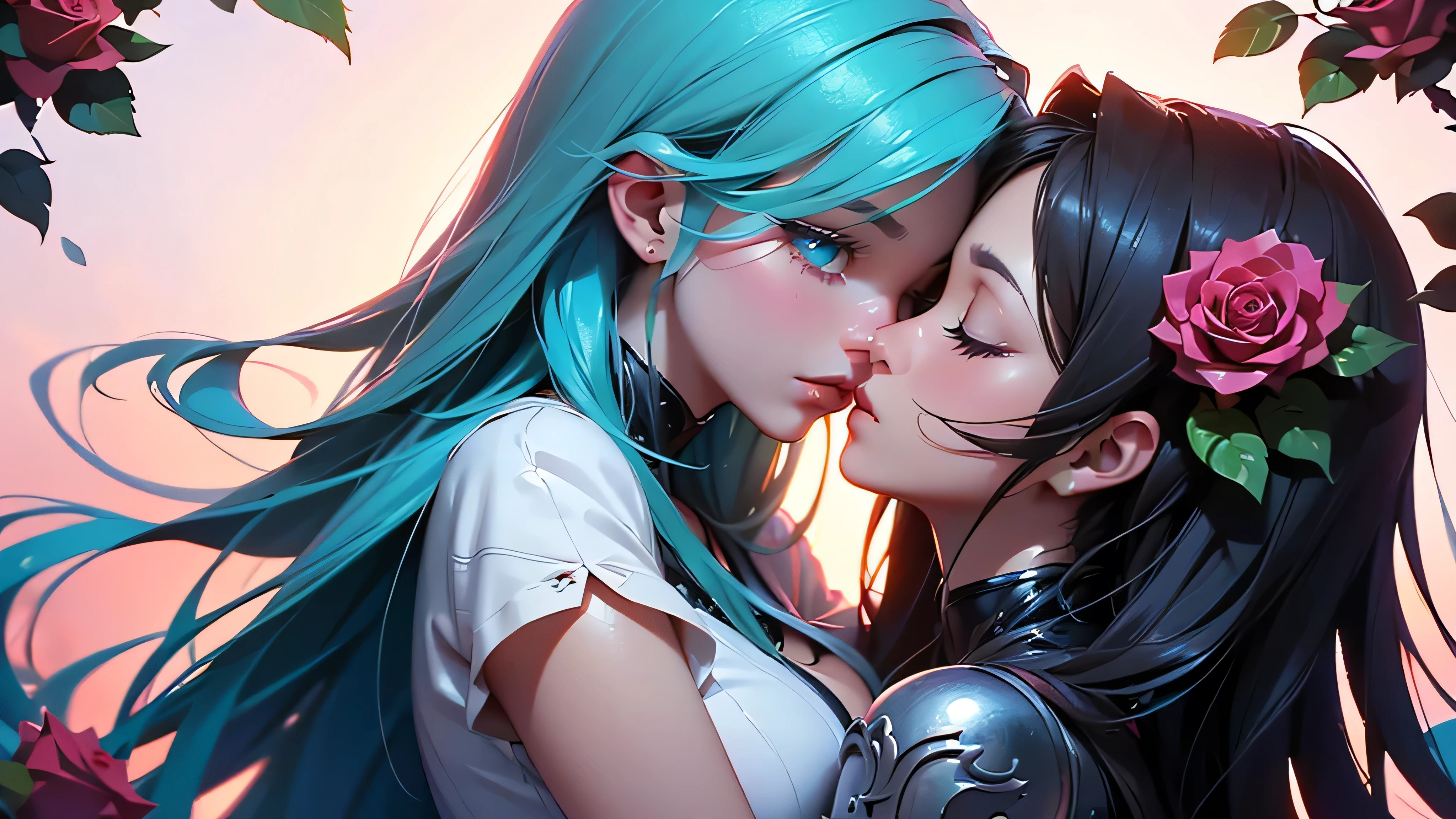here is a close up of 2 kissing females, they hugging each other and passionaly kissing in the rose garden, (ultra high quality fantasy art, dafk fantasy style, masterpiece, ultra highquality character design, 8k quality anime art, realistic anime art, top quality wallpaper illustration, detailed ultra high quality acurate face, highquality design and acurate physic)