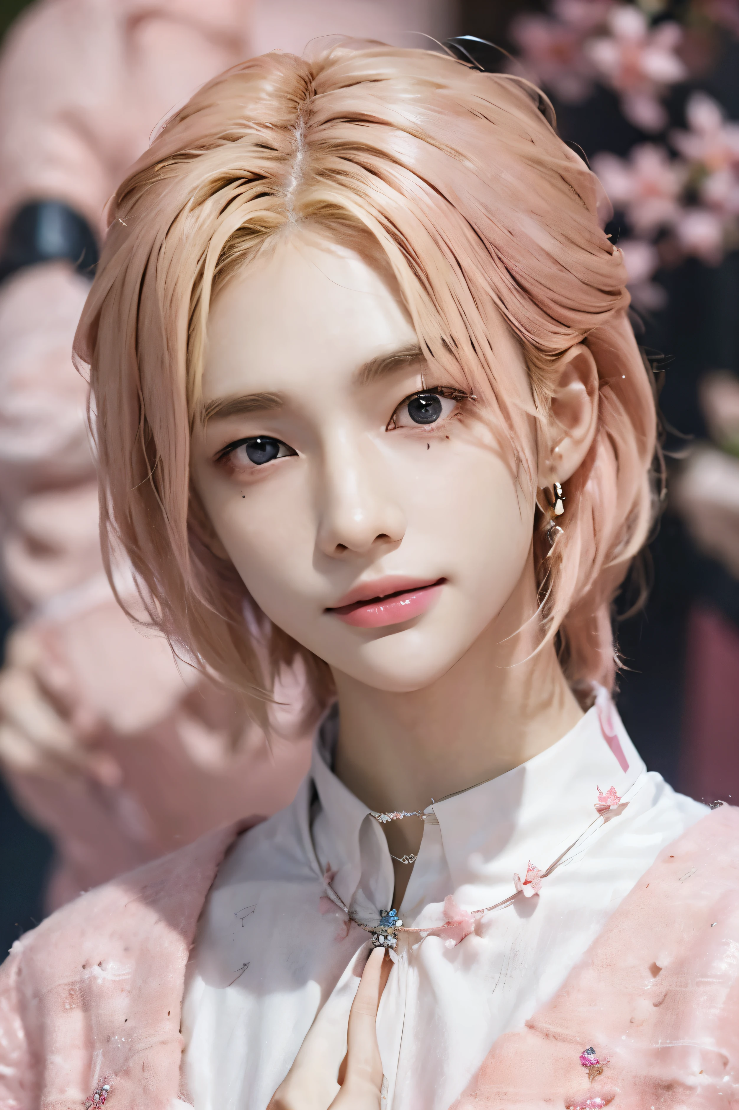 (masutepiece), (Best Quality), Highly detailed, 1 boy, Solo Focus，Perfect face, Beautiful face, extra detailed face，(a blond:1.3)，(Pink eyes:1.3)，florals，butterflys々，florals petals，optic，a smile