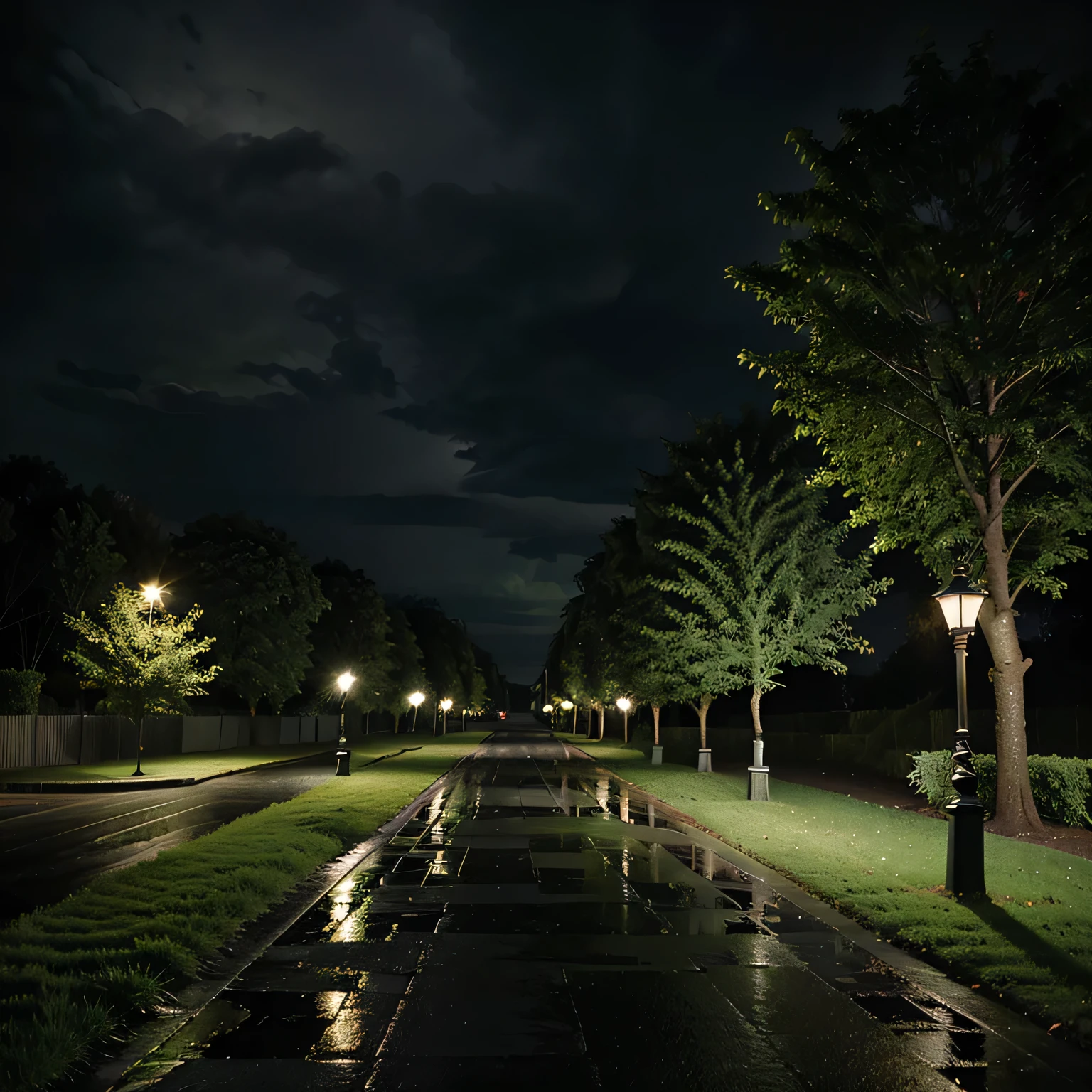 a single street light, with green trees around, night with dark clouds, raining weather, raining drops visible