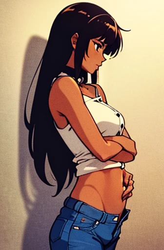 Young high school girl smiling, black hair with long braid, hair with bangs, Russian girl, athletic body, wearing a sleeveless jacket, wearing a medium blue shorts, cool, powerful girl, muscular girl, 2d character, comics style