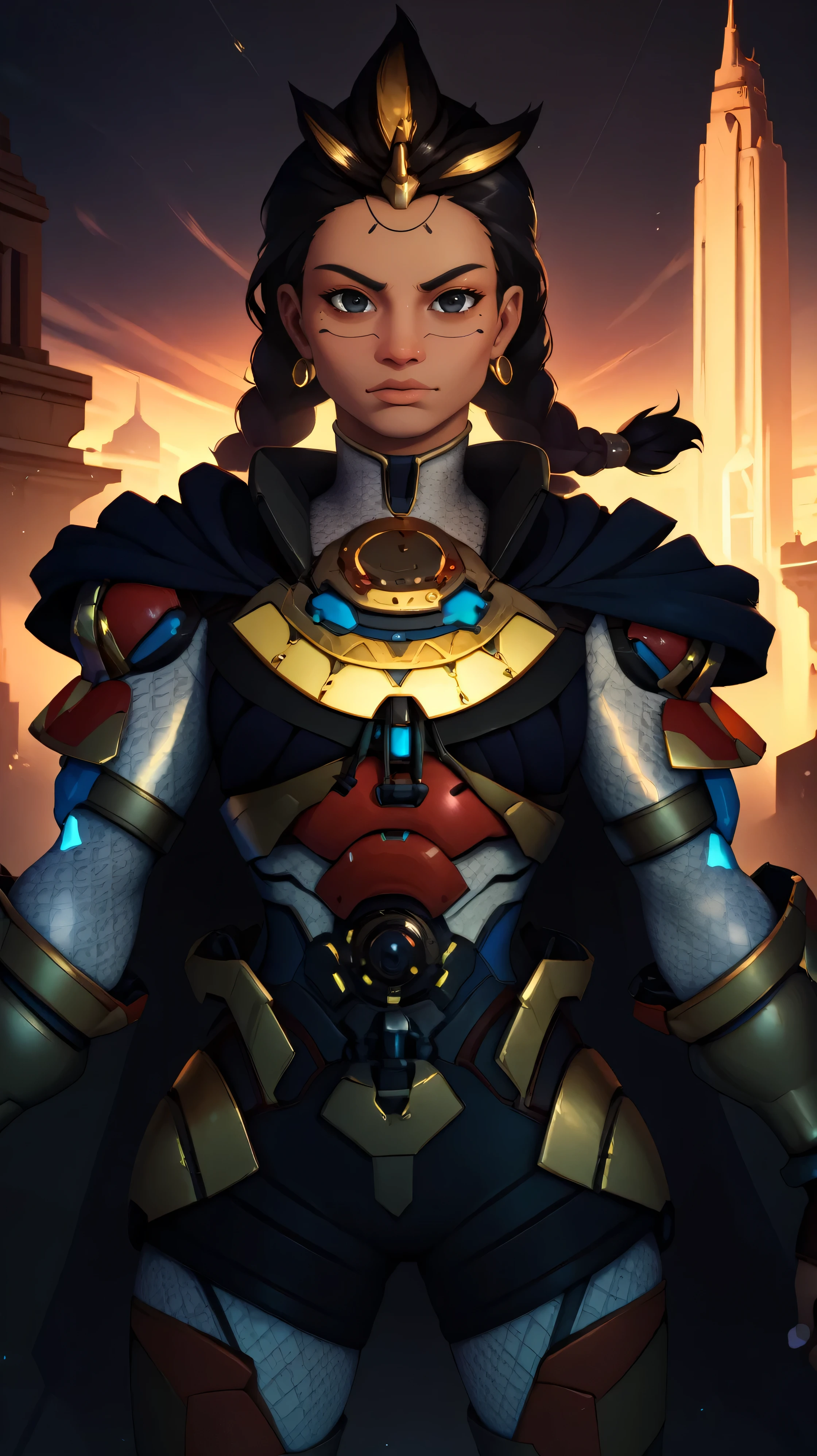 ((masterpiece, best quality)),(complex lighting) ,solo,(((1girl))), score_9,score_8_up,score_7_up,score_6_up,
Illarioxlxl,black eyes,black hair,twin braids,two-tone hair,facial mark,yellw eyes,cybernetic eyes,
jewelry,armor,long sleeves,cape,earrings,fingerless gloves,looking at viewer,serious,shorts,
cityscape,temple,sunny,science fiction,thigh boots,
