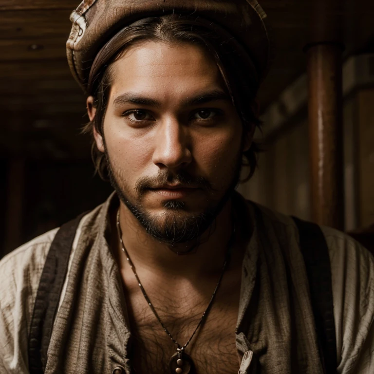 Pirate, on a ship, young man, short dark brown hair, poker face, dark eyes, short black beard