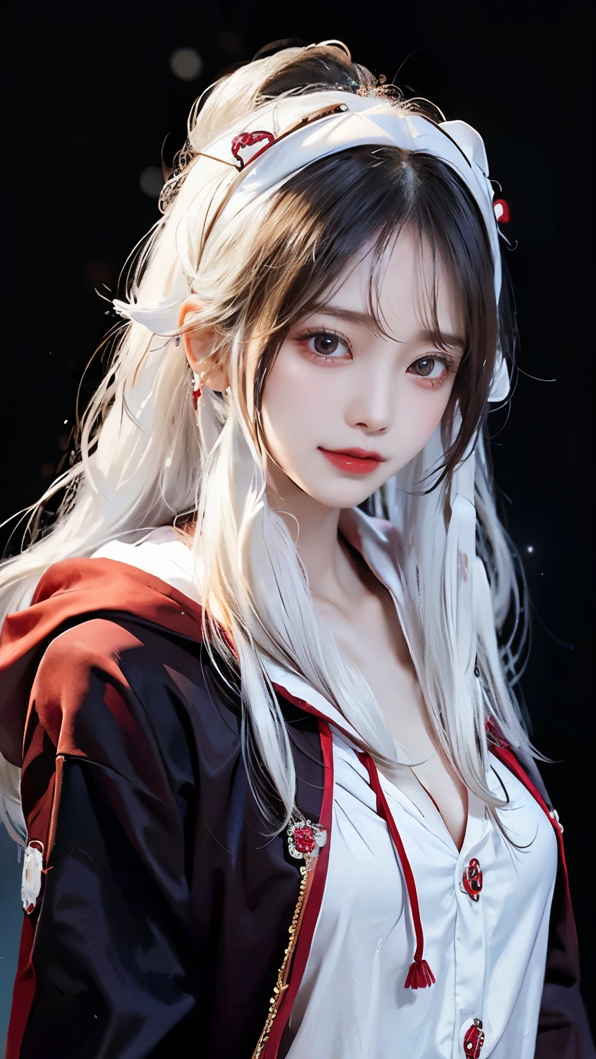 Long white hair - Red eyes - Black hair accessory - Hoodie - Elegant - Mysterious - Less revealing - Modest - Unique - Smiling - Attractive - Presence - Fox