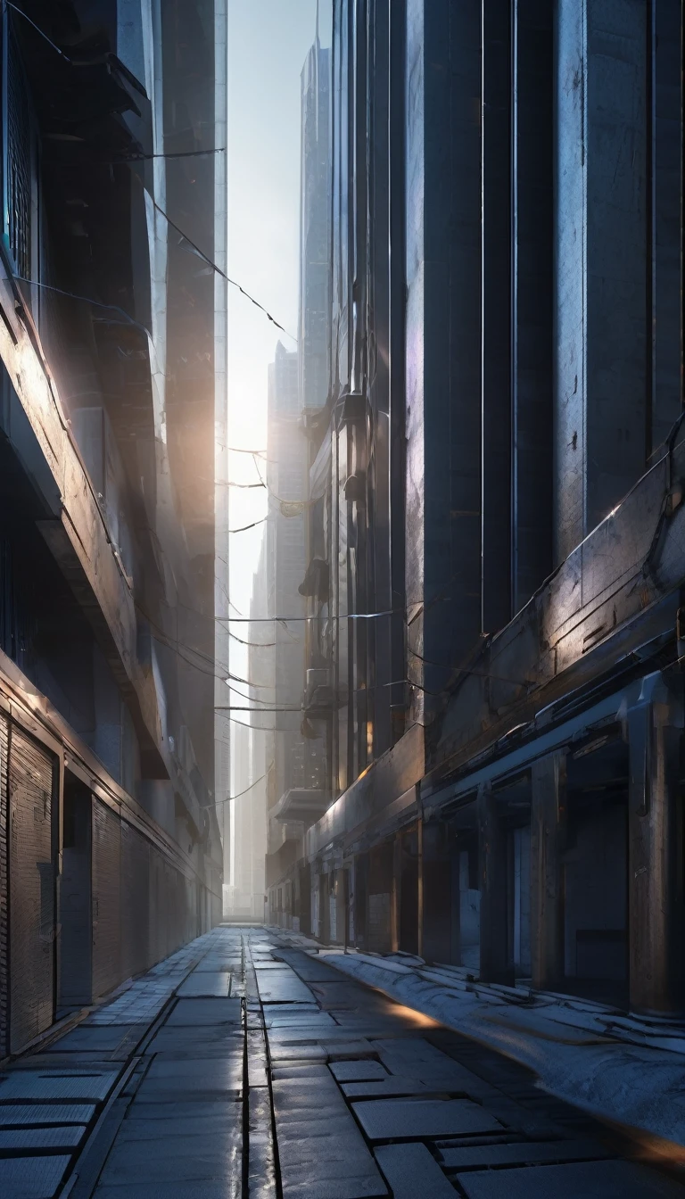 Modernistic cyberpunk landscape, cold alley, alley between the tall skyscrapers, concrete, beautiful lighting, highly detailed lighting, many shadows, highly detailed shadows, cold lights 