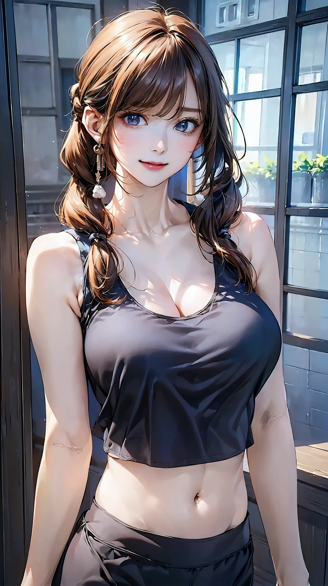 (masterpiece:1.3), (8k, Photorealistic, Raw photo, Best image quality: 1.4), (Random Hairstyles:1.2)、Cleavage:1.2、Super detailed face、Attention to detail、double eyelid、Put your chest together、Sharp focus:1.2、Beautiful woman:1.4、Light brown hair、highest quality、masterpiece、超A high resolution、(Photorealistic:1.4)、Highly detailed and professionally lit smile、(((Tank Top One Shoulder:1.5,cotton fabrics )))、thin、Serious expression、Deadly position,(huge breasts:1.3),((Navel)),