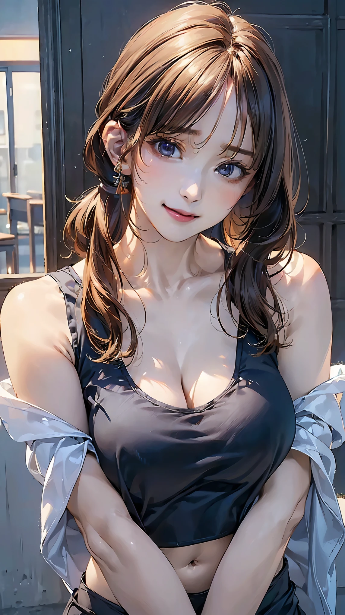 (masterpiece:1.3), (8k, Photorealistic, Raw photo, Best image quality: 1.4), (Random Hairstyles:1.2)、Cleavage:1.2、Super detailed face、Attention to detail、double eyelid、Put your chest together、Sharp focus:1.2、Beautiful woman:1.4、Light brown hair、highest quality、masterpiece、超A high resolution、(Photorealistic:1.4)、Highly detailed and professionally lit smile、(((Tank Top One Shoulder:1.5,cotton fabrics )))、thin、Serious expression、Deadly position,(huge breasts:1.3),((Navel)),