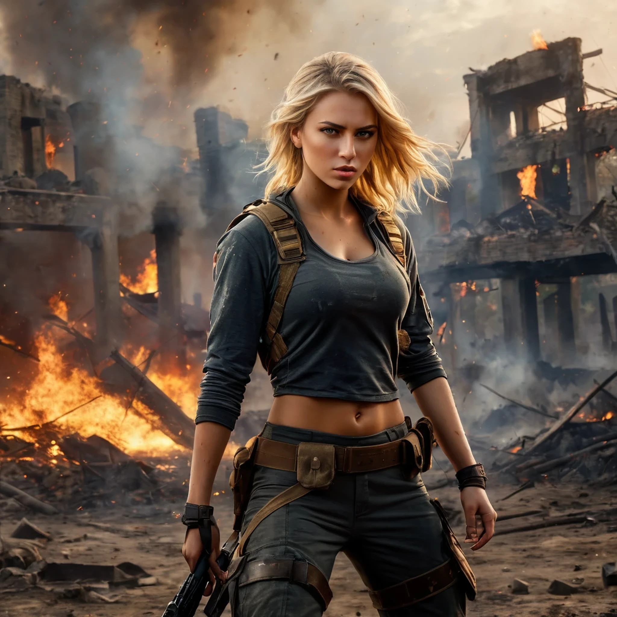 (masterpiece:1.5), (bestquality), (highlydetailed), (ultra-detailed), (1girl:1.2), (full body:1.2), (young girl), (blonde hair), (weapon in hand), (war battle scene), (bloody atmosphere), (smoke), (fire), (corpses), (chaotic background), (explosions), (torn clothing), (determined expression), (sweat and dirt), (injured), (dynamic pose), (broken armor), (burnt landscape), (fighting stance), (smoldering debris), (flames:1.3), (battle cries), (sounds of war:1.1)