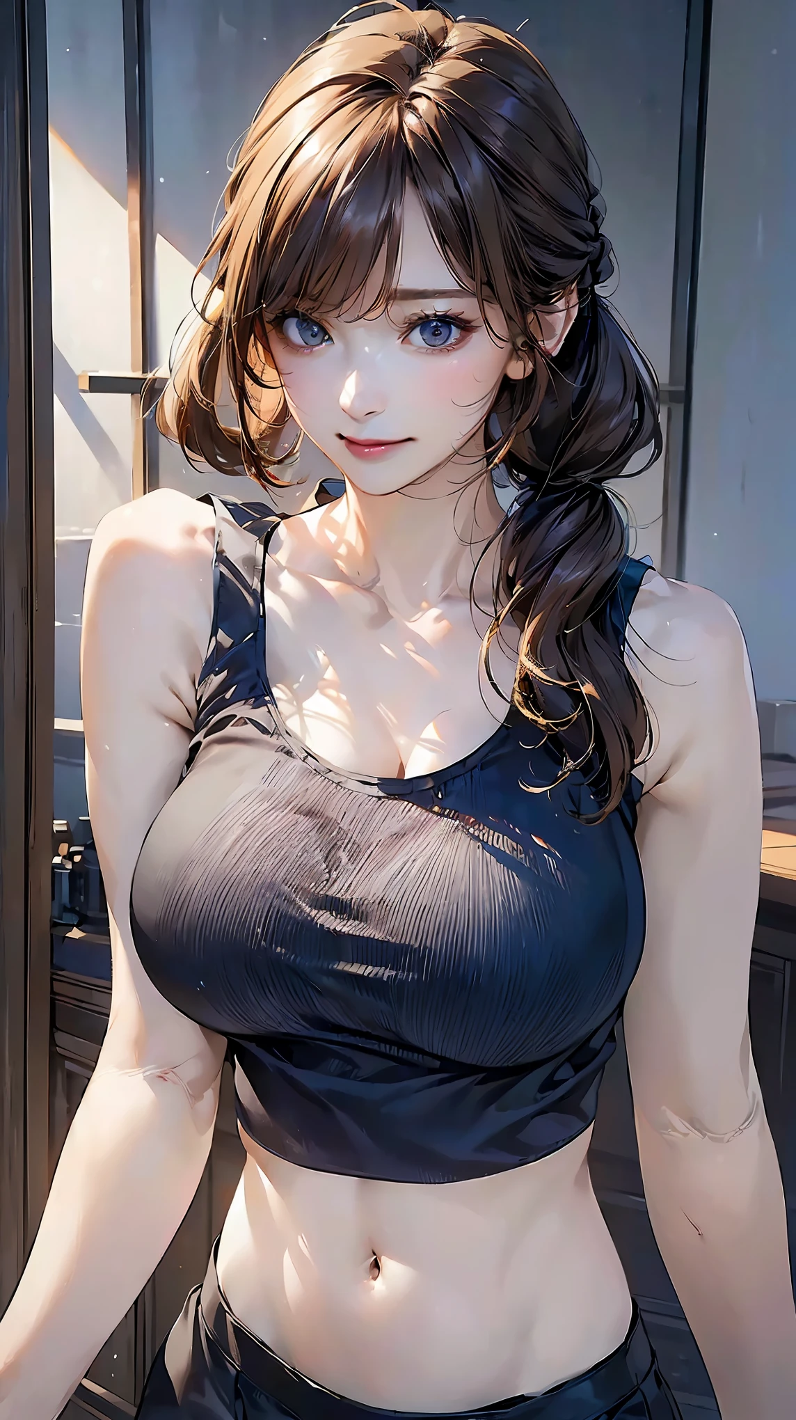(masterpiece:1.3), (8k, Photorealistic, Raw photo, Best image quality: 1.4), (Random Hairstyles:1.2)、Cleavage:1.2、Super detailed face、Attention to detail、double eyelid、Put your chest together、Sharp focus:1.2、Beautiful woman:1.4、Light brown hair、highest quality、masterpiece、超A high resolution、(Photorealistic:1.4)、Highly detailed and professionally lit smile、(((Tank Top One Shoulder:1.2 )))、thin、Serious expression、Deadly position,(huge breasts:1.3),((Navel)),