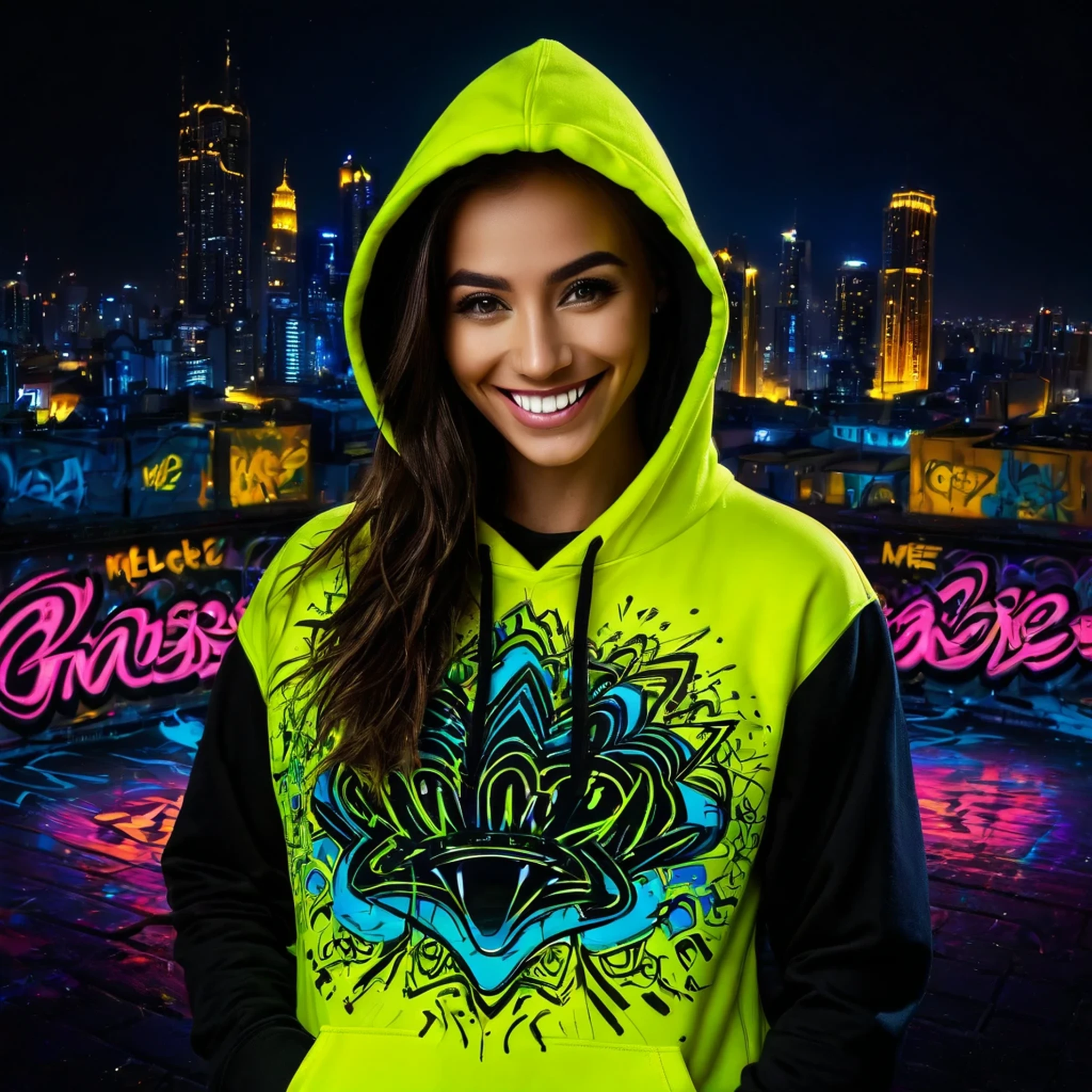 detailed background, masterpiece, best quality, smile, ornament, hoodie, portrait, yellow neon, graffiti, dark, night, glowing eyes, blacklight