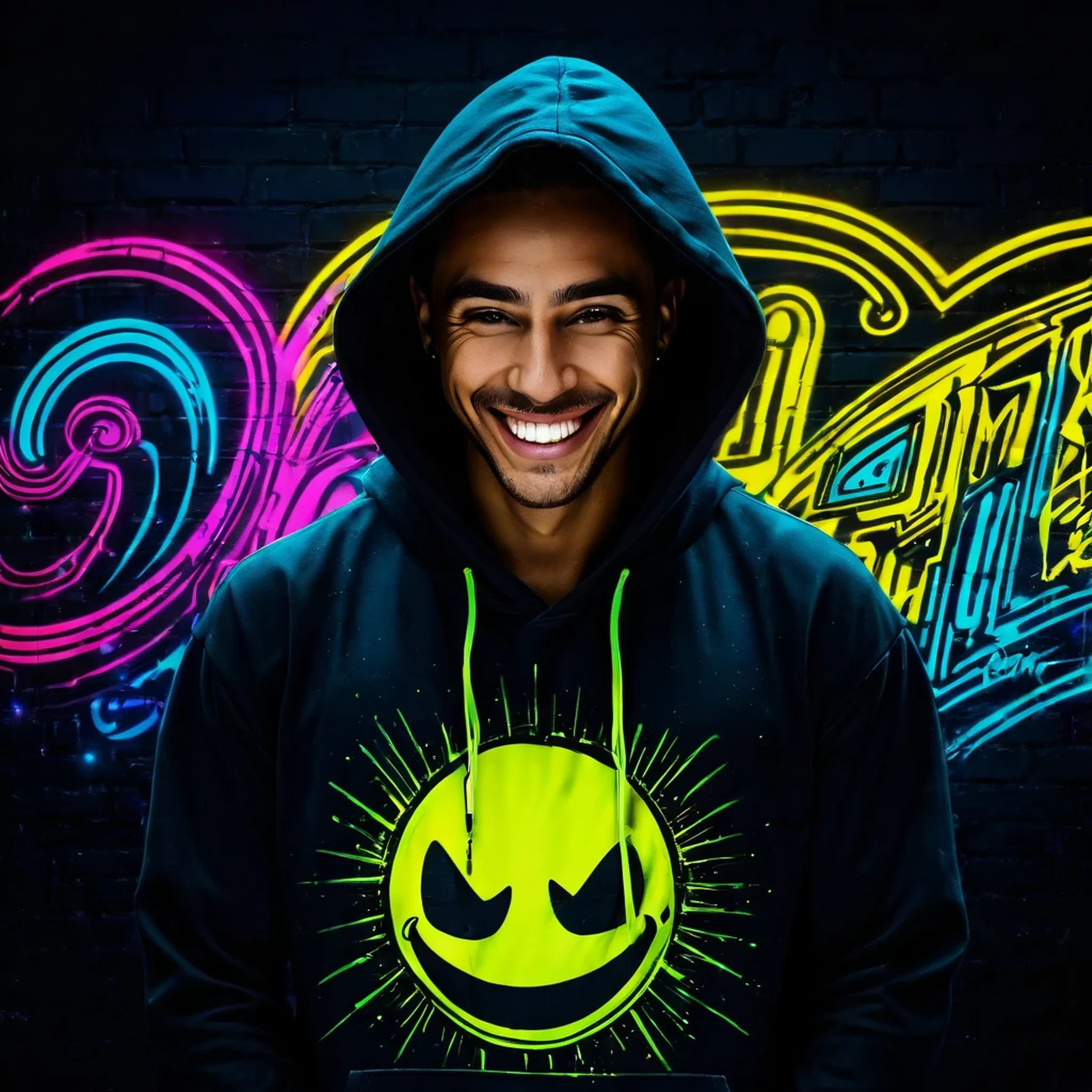 detailed background, masterpiece, best quality, smile, ornament, hoodie, portrait, yellow neon, graffiti, dark, night, glowing eyes, blacklight