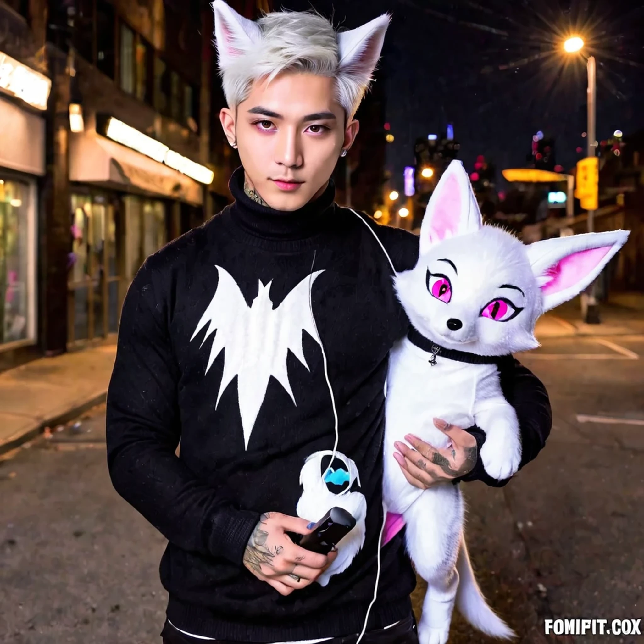 white fox, pink eyes, pubic tattoo, womb tattoo, short hair, black hair, sweater man, femboy, bisexual male, furry, night city, glowing eyes, no feelings, long tail, collar, master piece, puppet, bat wing, shy, white earphones, fox tail, top quality, core, slime core, white body, Name Snow, Fox tail, Black tail, transfur fox, 2boys(Snow fox), little boy, open coat,