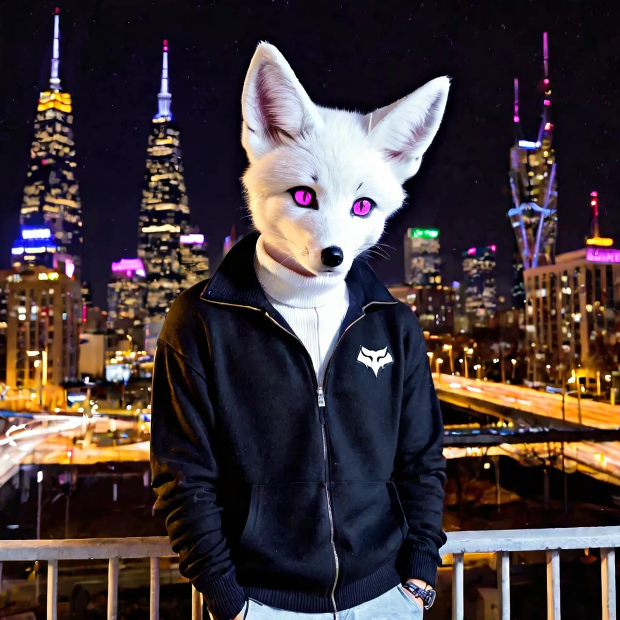 white fox, pink eyes, pubic tattoo, womb tattoo, short hair, black hair, sweater man, femboy, bisexual male, furry, night city, glowing eyes, no feelings, long tail, collar, master piece, puppet, bat wing, shy, white earphones, fox tail, top quality, core, slime core, white body, Name Snow, Fox tail, Black tail, transfur fox, 2boys(Snow fox), little boy, open coat,