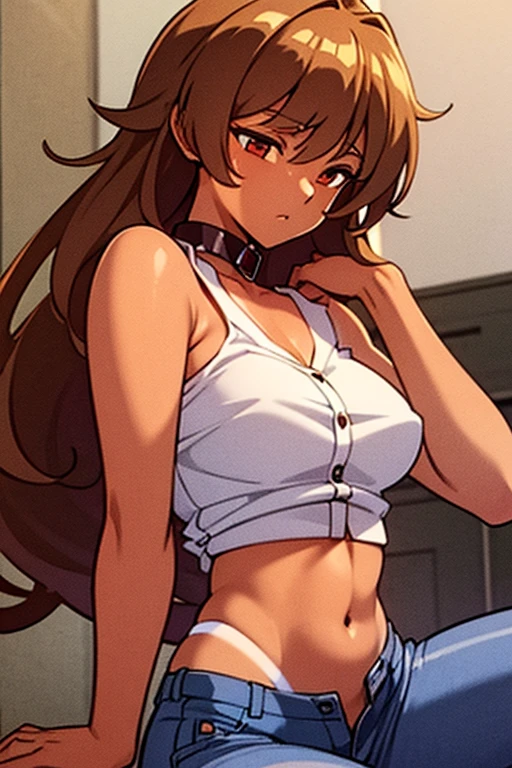 ((masterpiece)), (detailed), anime tan woman wearing a v-neck button-up Collar shirt, (bare shoulders), (bare arms), (jeans), (long hair), starving, (resting hands on the stomach), (hands on the stomach)