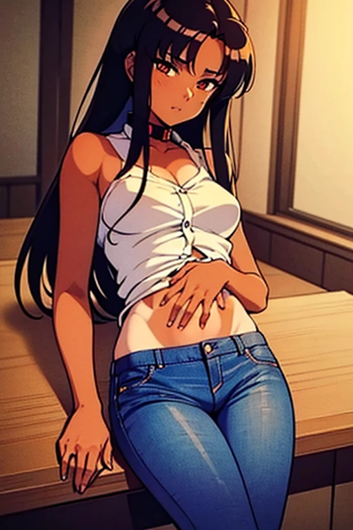 ((masterpiece)), (detailed), anime tan woman wearing a v-neck button-up Collar shirt, (bare shoulders), (bare arms), (jeans), (long hair), starving, (resting hands on the stomach), (hands on the stomach)