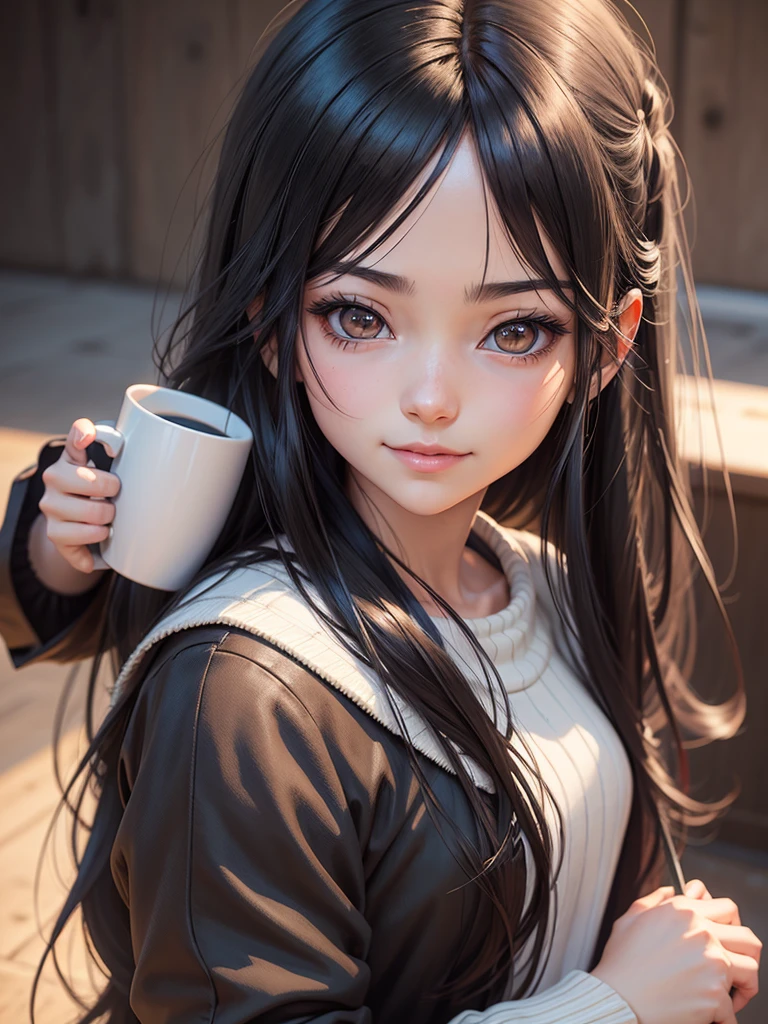 Anime girl with long black hair and black eyes,Smooth anime CG art,Realistic anime 3D style,realistic anime artstyle,Detailed digital anime art,Digital Anime Illustration,realistic anime artstyle,Kawaii realistic portrait,Detailed portrait of anime girl,A beautiful anime portrait,Realistic anime girl rendering,Realistic young anime girl, Portrait Anime Girl Smiling、Mug、drink、sweater、Face Up、Bangs