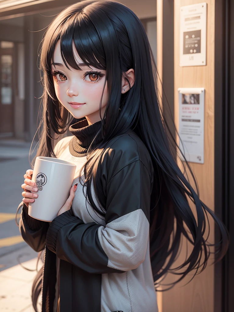 Anime girl with long black hair and black eyes，Smooth anime CG art，Realistic anime 3D style，realistic anime artstyle，Detailed digital anime art，Digital Anime Illustration，realistic anime artstyle，Kawaii realistic portrait，Detailed portrait of anime girl，A beautiful anime portrait，Realistic anime girl rendering，Realistic young anime girl， Portrait Anime Girl Smiling、Mug、drink、sweater、Face Up、Bangs