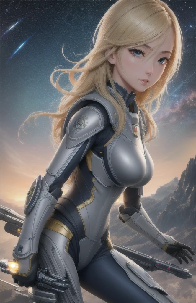 Proportional eyes, (Practical:1.5),photoPractical, hyper Practical, Extremely detailed, Super detailed, soft light, Detailed background, Extremely detailed的背景, Sharp details, Science Fiction, space, Poster Girl, Blonde, Poster