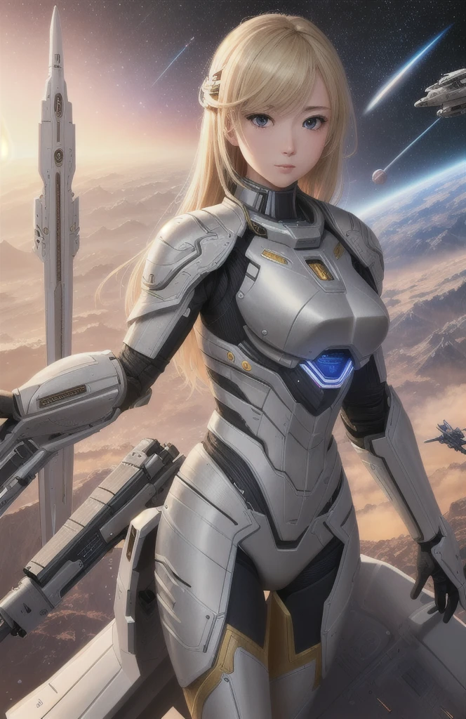 Proportional eyes, (Practical:1.5),photoPractical, hyper Practical, Extremely detailed, Super detailed, soft light, Detailed background, Extremely detailed的背景, Sharp details, Science Fiction, space, Poster Girl, Blonde, Poster