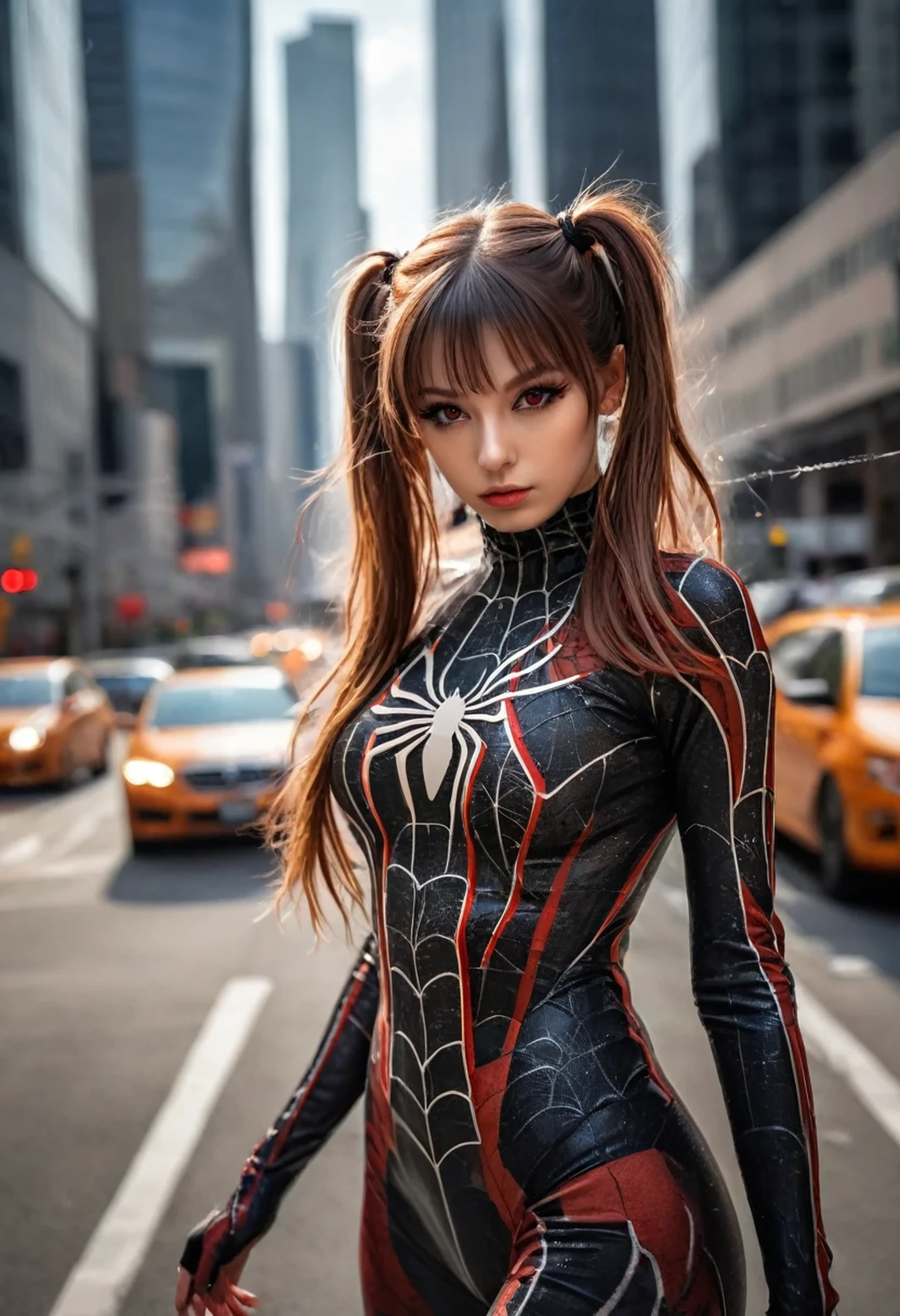 RAW photo, (masterpiece, best quality), intricate details, 8k, artstation, wallpaper, official art, splash art, sharp focus,, 1girl, long hair, twin tails, red eyes, brown hair, , spider suit, spider web printing, spider web, , skyscrapers, city, buildings, cars, street,