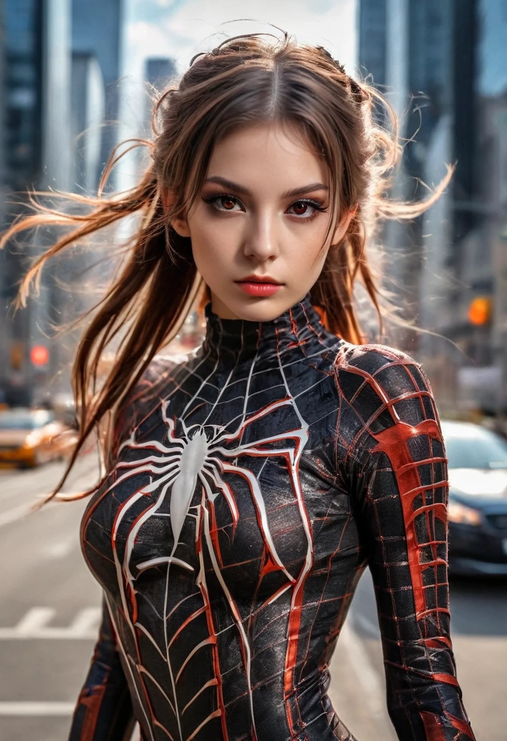 RAW photo, (masterpiece, best quality), intricate details, 8k, artstation, wallpaper, official art, splash art, sharp focus,, 1girl, long hair, twin tails, red eyes, brown hair, , spider suit, spider web printing, spider web, , skyscrapers, city, buildings, cars, street,