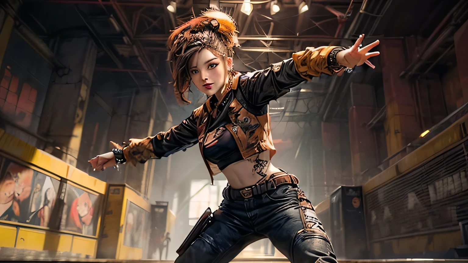 ((cuerpo entero, plano general:1.6),punk rebelde, joven punk,Spiked clothing, ((pelo mohawk:1.5)), ((action pose:1.5)), revolucionario, ropa punk top pantalones de cuero, Obra maestra, High Definition, mejor imagen 4k, 8k, ojos altamente detallados y expresivos, ((colores vividos, rojo, anaranjado, amarillo, cian:1.4)), High Definition