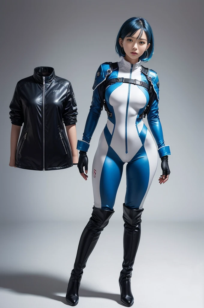 (artwork, best quality, Higher resolution, clearly_image, Detailed Details): (Solitary, girl, Japanese Face, Blue Hair, short hair, Full body picture, Small breasts, Sparkling blue eyes, Aviator suit in metallic white and blue tones, black, Tight clothing, Clothing that covers the entire body, beauty, Weight loss, Exoskeleton, Knee-high boots, Actress, Supino, Open your thighs from side to side, Arm-length gloves, earphone)