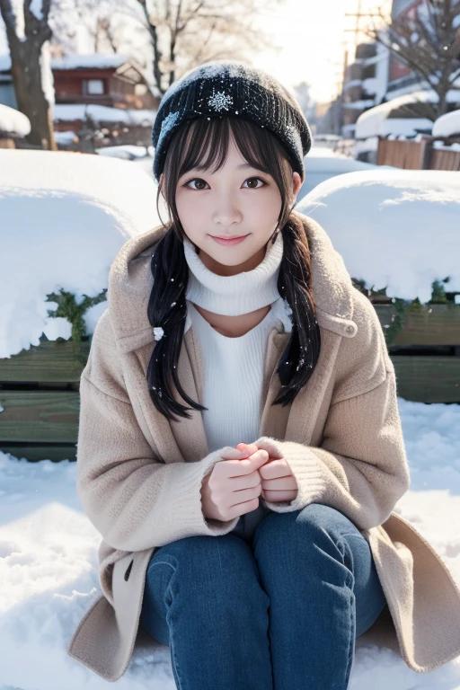 8k,Japanese,10 years old,innocent face,teenage girl,cute,Winter clothes,everyday wear,snow,sitting,black hair,flower garden,hair clip,Decolletage