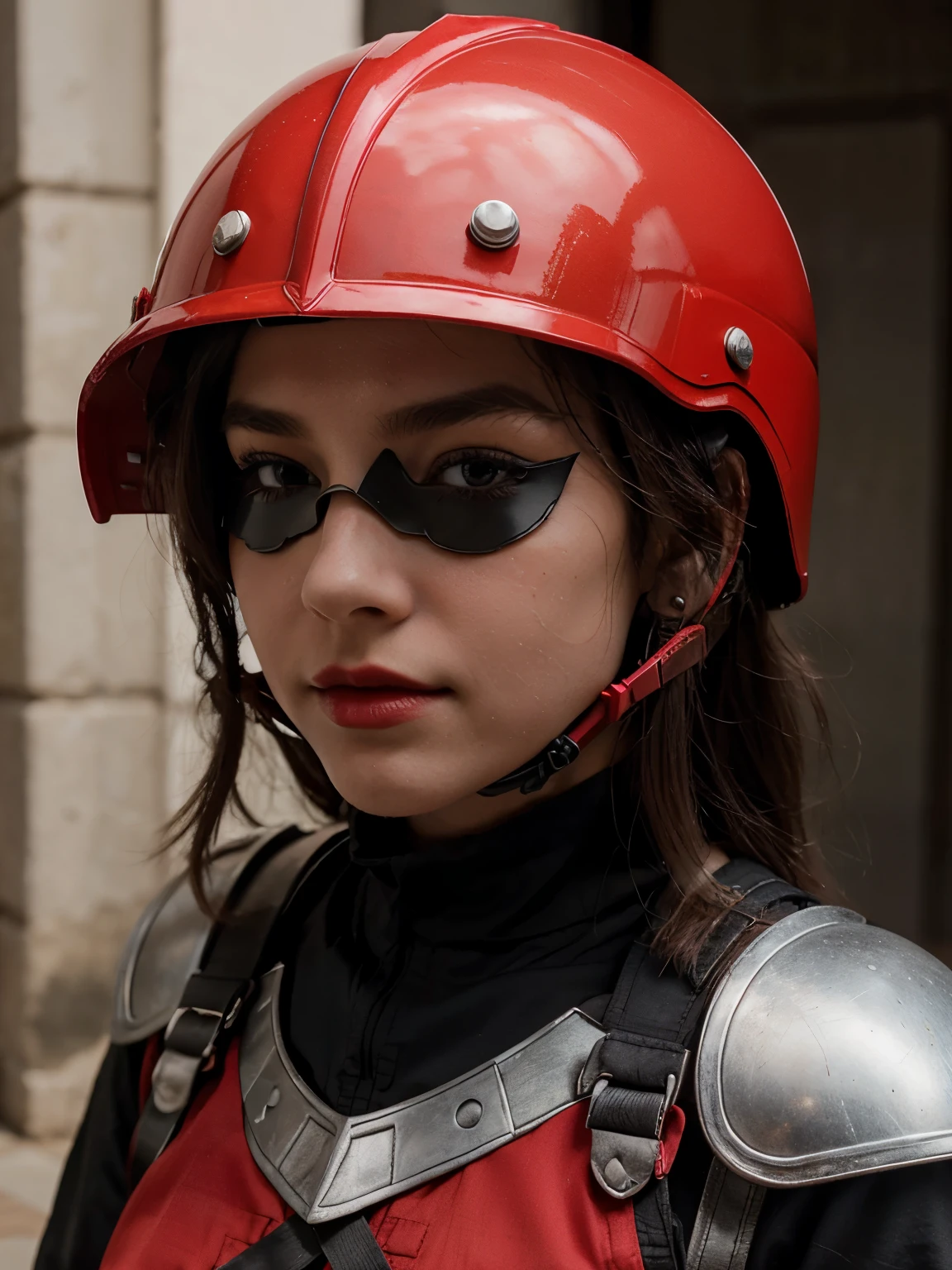  girl wearing red lipstick wearing red feminine armor with scale details a matching helmet with a black panel covering her eyes and nose leaving her mouth showing style real